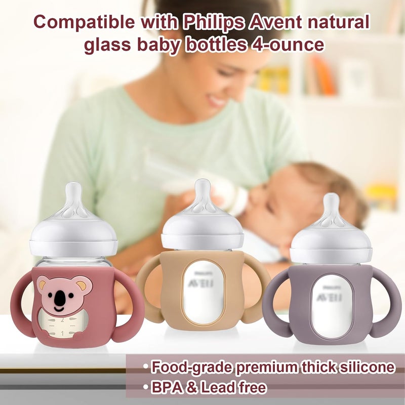 Juome Silicone Sleeves with Handles for Avent Natural Glass Baby Bottle - 3 Pack Koala Shape Anti Breakage Baby Bottles Holder, Compatible with Philips Avent Anti Colic Baby Bottles 4 oz - Image 3